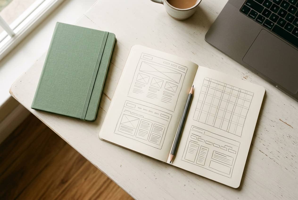 Sketches of website pages on paper next to a notebook