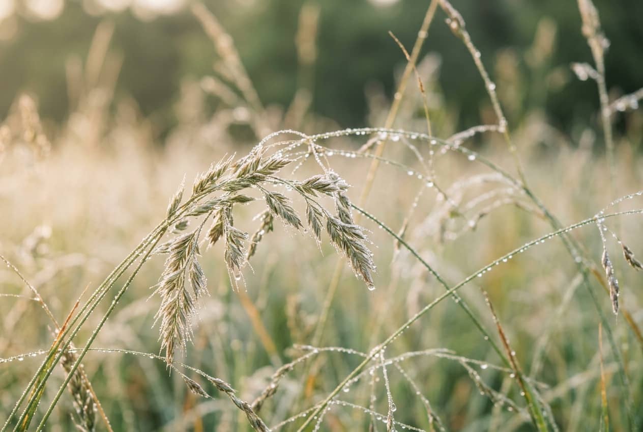 Blades of grass with dew in the morning sun