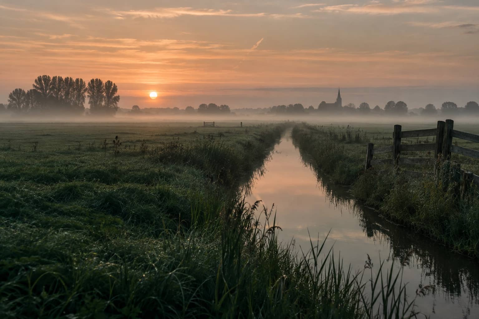 A ditch running through a misty Dutch polder at sunrise