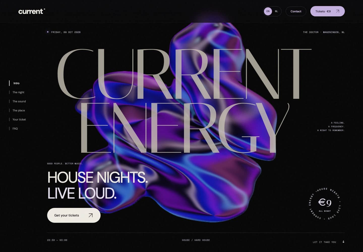 Screenshot of Current Energy, a live website for music & events